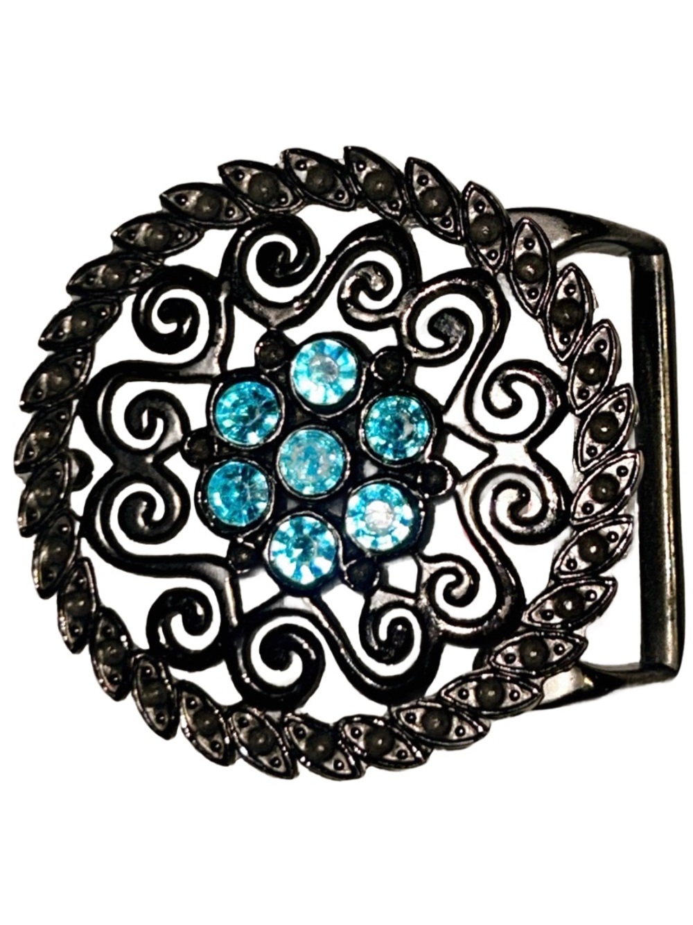 Vintage ~ Black Metal W/ Blue Turquoise Gemstones ~ Belt Buckle